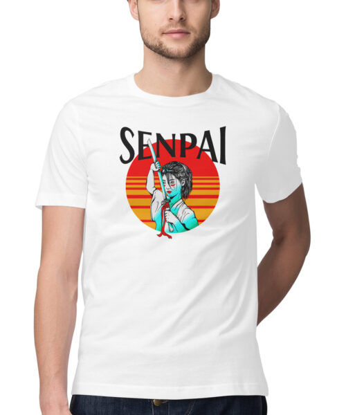 Senpai slogan sun and Japanese girl holding sword