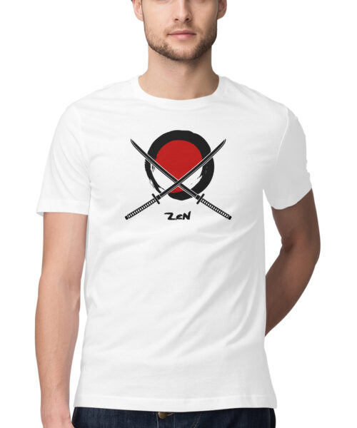 two crossed katana on red background and a Zen circle