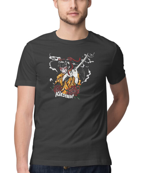 Women with kitsune mask Japanese demon fox with smoke power of katana illustration