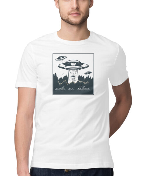 Shop the Best Funny and Sarcastic T-shirts for Men and Women at Manmarzee – The Ultimate Online T-shirt Store in India Graphic Printed T-Shirt "Make Me Believe 👽🛸 Quirky Graphic Tees, Size S-5XL - India - Men and Women - Black