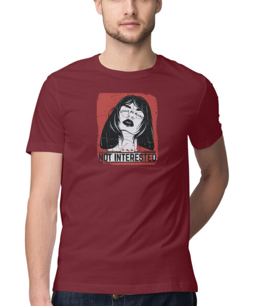 Shop the Best Funny and Sarcastic T-shirts for Men and Women at Manmarzee – The Ultimate Online T-shirt Store in India Alternative view of "Not Interested" Funny T-Shirt for Men 😒 | Quirky T-Shirts | Black & Olive Green | S-5XL | India