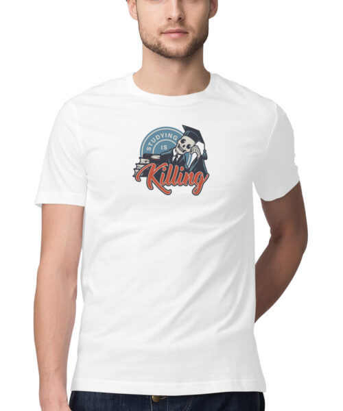 Shop the Best Funny and Sarcastic T-shirts for Men and Women at Manmarzee – The Ultimate Online T-shirt Store in India "Studying is Killing Me" Skull Graphic Printed T-Shirt | Funny, Quirky Tees | Men and Women India 💀📚
