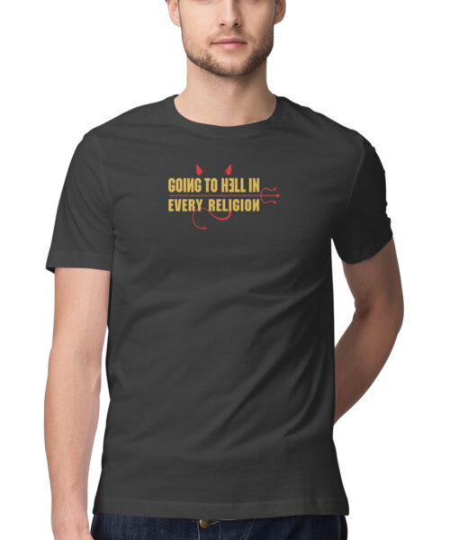 Shop the Best Funny and Sarcastic T-shirts for Men and Women at Manmarzee – The Ultimate Online T-shirt Store in India Going To Hell In Every Religion Funny Quotes T-Shirt 😈 | Black & White | S-5XL | Quirky T-shirts for Men and Women | India