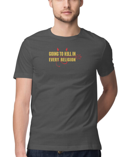 Shop the Best Funny and Sarcastic T-shirts for Men and Women at Manmarzee – The Ultimate Online T-shirt Store in India Alternative view of Going To Hell In Every Religion Funny Quotes T-Shirt 😈 | Black & White | S-5XL | Quirky T-shirts for Men and Women | India