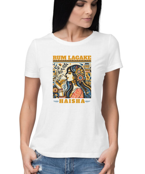 Shop the Best Funny and Sarcastic T-shirts for Men and Women at Manmarzee – The Ultimate Online T-shirt Store in India Alternative view of Rum Laga Ke Haisha T-Shirt | Funny Rum Drinking Women’s Quirky Cotton Tee India 🍹👕